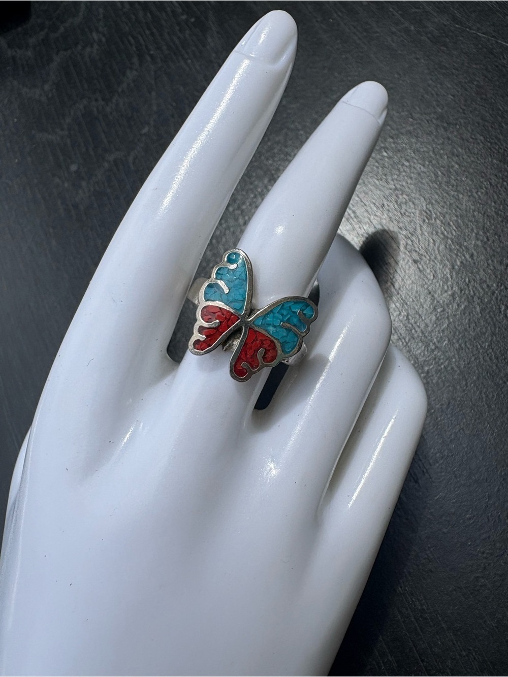 Vintage Silver Butterfly Ring with Crushed Turquoise & Coral Inlay - Size 8